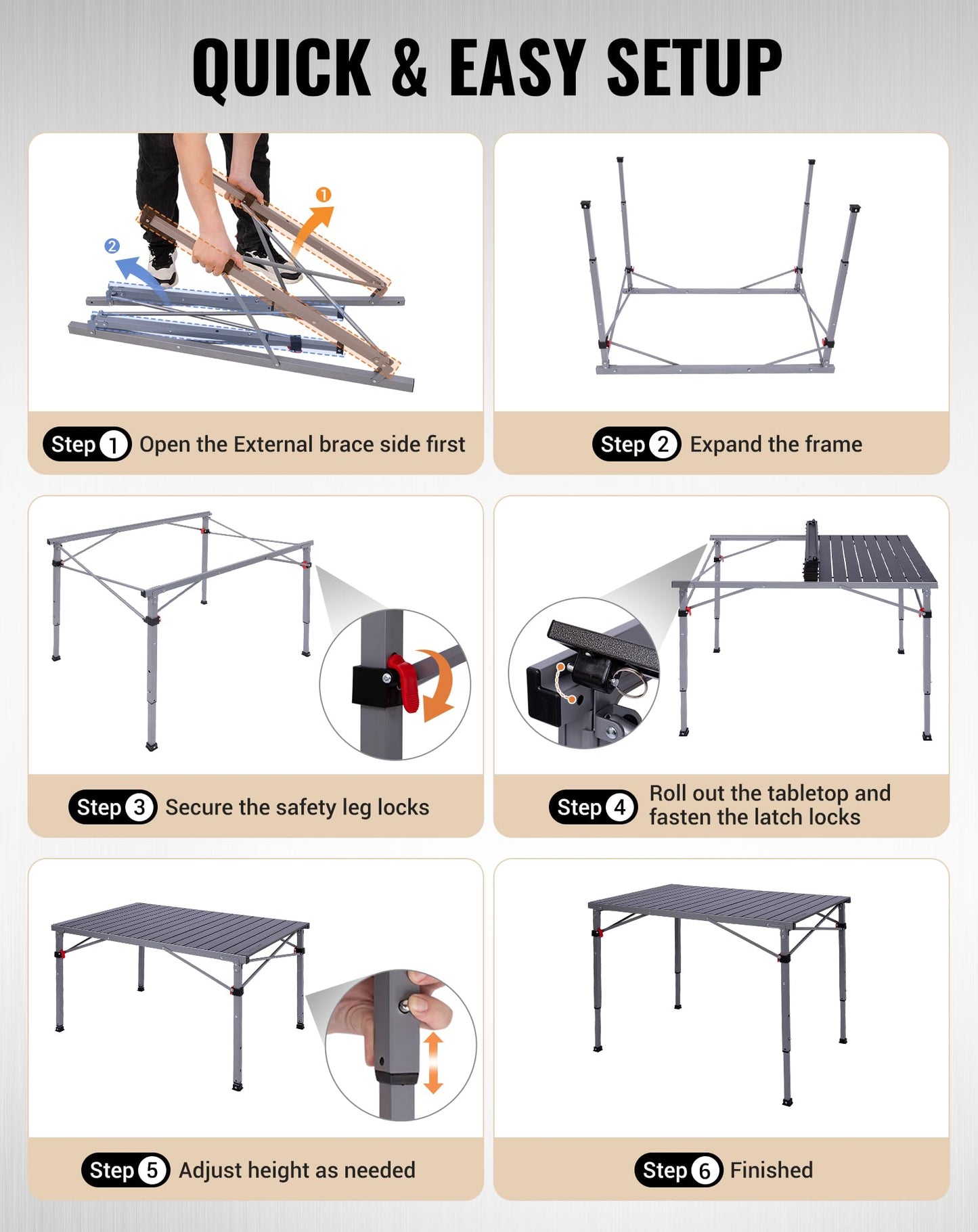 NEW | KingCamp AluVenture 10770 Aluminium Roll-Top Camping Table – 42.1 × 27.6in  Adjustable Height