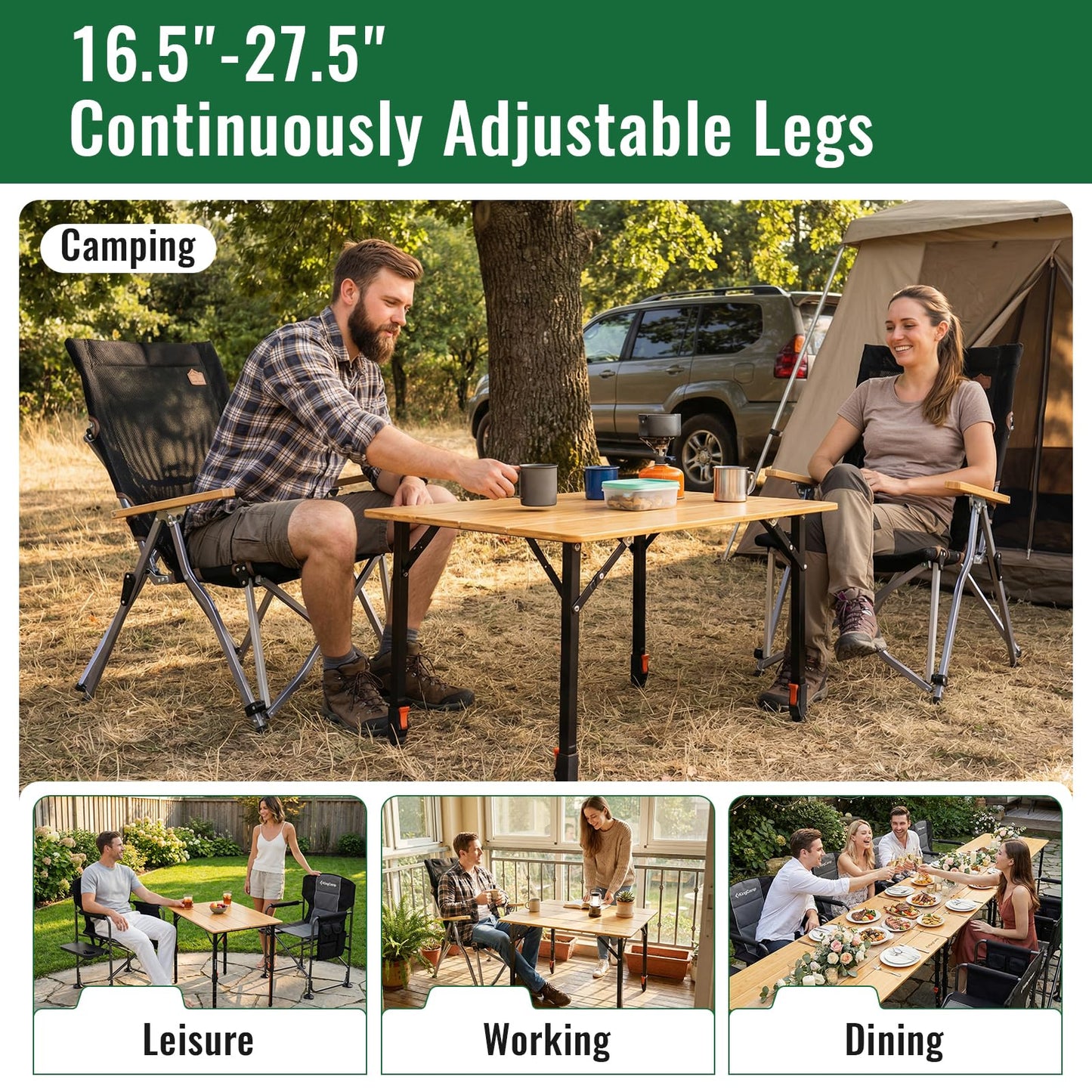 NEW | KingCamp BamAura 4Fold 8060 PLUS Bamboo Camping Table with Adjustable Legs 31.5 x 23.6 in