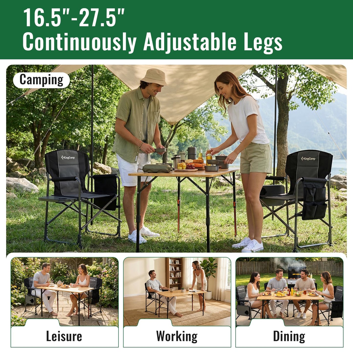 NEW | KingCamp BamAura 2Fold 12070 PLUS Bamboo Camping Table with Adjustable Legs 47.2 x 27.6in