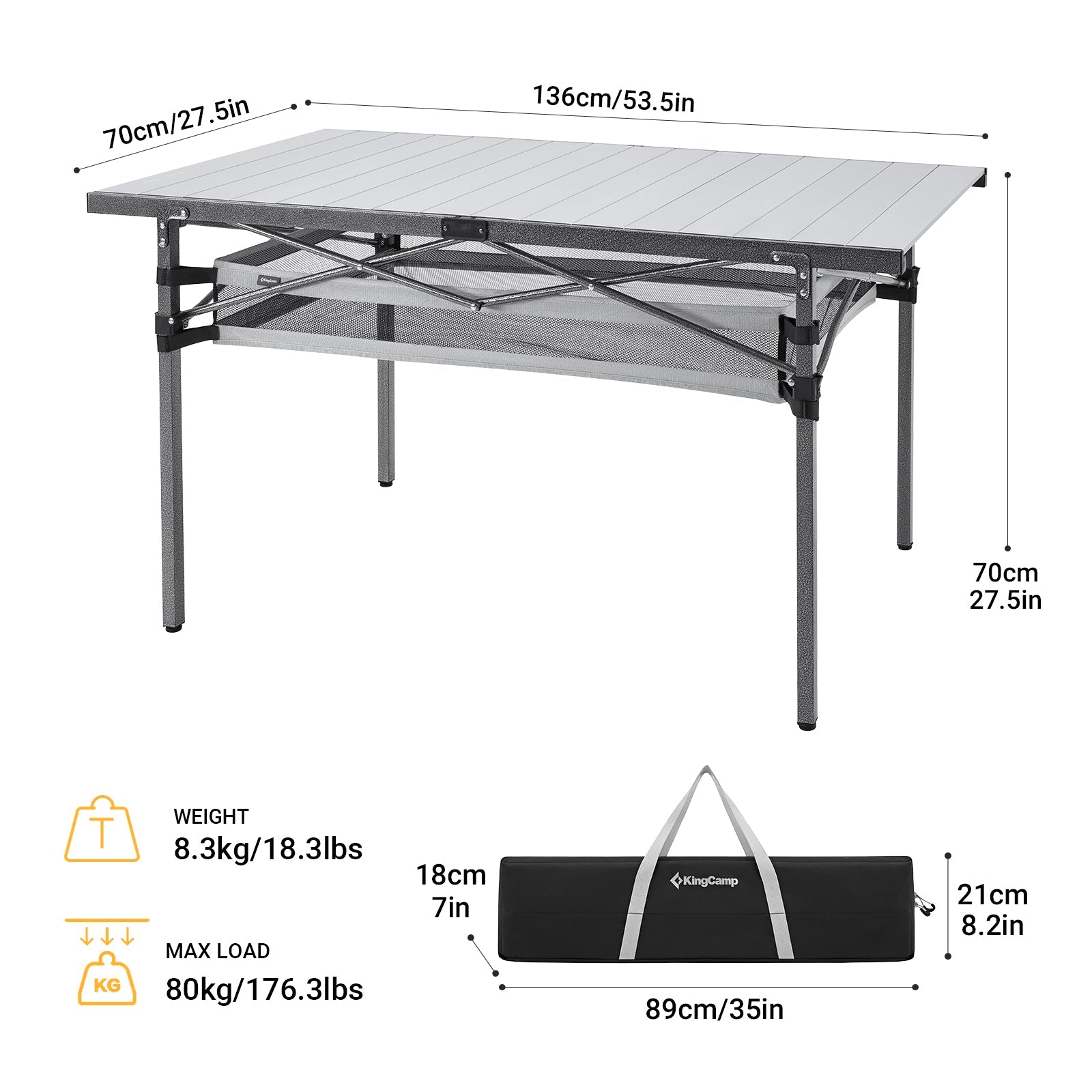 KingCamp Aluminum Roll Up Table with Storage Layer